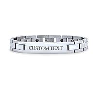 Bling Jewelry Customizable Silver Tone Stainless Steel Identification ID Bracelet for Men Personalized Name Tag Curb 8.5 Inch Custom Engraved