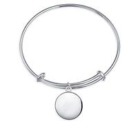 Bling Jewelry Customize Sterling Silver Bangle Bracelet For Women, Engravable Monogram Disc, Minimalist Design, Expandable, Teen Adjustable