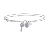 Bling Jewelry CZ Accent Heart Dangle Charm Lock & Key Anklet Double Chain Ankle Bracelet For Women .925 Sterling Silver Adjustable 9 To 10 Inch With Extender