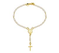 Bling Jewelry Dainty Delicate White Simulated Pearl Cross Guardian Virgin Mother Mary Rosary Bead Pray Bracelet For Women For Teen Gold Plated Brass 7.5 Inch