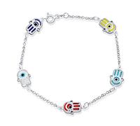 Bling Jewelry Delicate Dainty Turkish Amulet Talisman Protection Good Luck Five Multi Color Yellow Red Blue Hamsa Fatima Hand and Evil Eye Charm Bracelet For Teen For Women .925 Sterling Silver