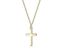 Bling Jewelry Delicate Small Simple Flat Religious Cross Pendant Necklace For Women Teens Polished 14K Yellow Gold Plated .925 Sterling Silver