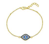 Bling Jewelry Delicate Thin Minimalist Cubic Zirconia Pave CZ Navy Blue Evil Eye Charm Bracelet For Teen Women Yellow Gold Plated .925 Sterling Silver 7-8 Inch Adjustable Made In Turkey