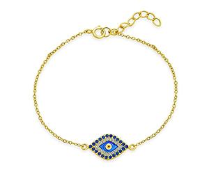 Bling Jewelry Delicate Thin Minimalist Cubic Zirconia Pave CZ Navy Blue Evil Eye Charm Bracelet For Teen Women Yellow Gold Plated .925 Sterling Silver 7-8 Inch Adjustable Made In Turkey
