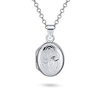 Bling Jewelry Delicate Vintage Style .925 Silver Oval Shape Lockets for Women Personalized with Engraved Floral Carvings Tiny Photo Pendant Necklace to Hold Pictures