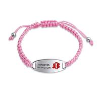 Bling Jewelry Diabetes On Insulin Identification Medical ID Pink Braided Cord Bracelet Stainless Steel Custom Engraved