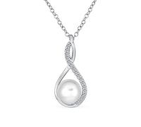 Bling Jewelry Elegant Bridal Forever Knot Intertwined Infinity Teardrop Cultured Freshwater White Pearl Necklace Pendant For Women Wedding CZ Pave Accented Twist .925 Sterling Silver 16-18 Inch
