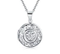Bling Jewelry Embossed Round Circle Boho Scroll Flower Lockets for Women & Teens .925 Sterling Silver Locket Necklace Pendant That Holds Pictures