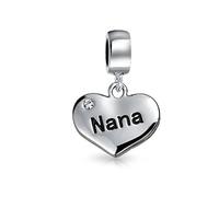 Bling Jewelry Engrave Word Nana Heart Dangle Bead Charm For Grandmother Crystal Accent Oxidized .925 Sterling Silver Fit European Bracelet