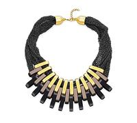 Bling Jewelry Fashion Black Chain Mail Golden Bronze Black Tri Tone Matte Metallic Color Geometric Modern Urban Hip Wide Big Fan Bib Statement Necklace for Woman Teen Adjustable