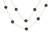 Fashion Black Enamel Flower Long Wrap Layer Gold Plated Crystal Accent Station Chain Wrap Layer Clover Necklace for Women 36 Inch