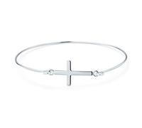 Bling Jewelry Fine .925 Sterling Silver Delicate Simple Religious Inspirational Christian Faith Sideways Cross Bangle Bracelet for Women Teen
