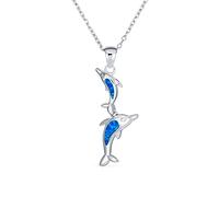 Bling Jewelry Gemstone Created Blue Opal Inlay Nautical Ocean Marine Hawaiian Vacation Sea Life Mother Child Mom & Baby Dolphins Dangle Pendant Necklace For Women Teen .925 Sterling Silver