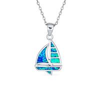 Bling Jewelry Gemstone Nautical Boat Summer Caribbean Vacation Ship Sailor Created Blue Opal Sailboat Necklace Pendant For Women Teen .925 Sterling Silver Medium