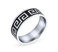 Bling Jewelry Geometric Ancient Fret Greek Key Pattern Flat Wedding Band Ring For Men Women Black Silver Two Tone Stainless Steel 8MM