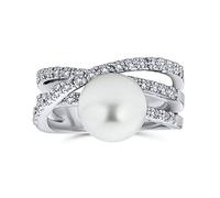 Bling Jewelry Geometric Criss Cross Pave CZ Solitaire White Simulated Pearl Fashion Statement Ring For Women Silver Plated Brass