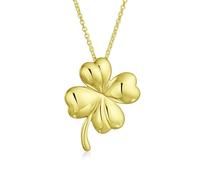Bling Jewelry Good Luck Fortune Irish Shamrock Shape Lucky Charm Four Leaf Clover Pendant Necklace For Women Teen Polished Yellow Gold Plated .925 Sterling Silver