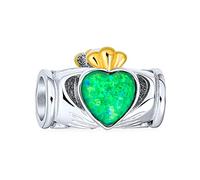Bling Jewelry Green Created Opal Couples BFF Heart Crown Irish Claddagh Charm Bead For Women For Teen Two Tone .925 Sterling Silver Fits European Bracelet