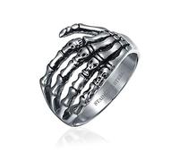 Bling Jewelry Halloween Goth Biker Punk Rocker Wrap Skelton Hand Band Ring For Men Teen Oxidized Silver Tone Stainless Steel