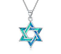 Bling Jewelry Hanukkah Magen Judaic White or Blue Created Opal Inlay Star Of David Pendant Necklace For Bat Mitzvah For Women Teens .925 Sterling Silver
