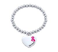 Bling Jewelry Heart Shape Charm Pre-Engrave Saying Message Poem Pink Ribbon Breast Cancer Survivor Stretch Bead Bracelet For Women Silver Tone Stainless Steel