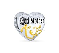 Bling Jewelry Heart Shaped Word God Mother Charm Bead For Women Two Tone Gold Plated Scroll .925 Sterling Silver Fits European Bracelet