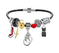 Bling Jewelry Hot Wife Partners in Crime Sexy S&M Shades Of Grey Crystal Beads Handcuff Themed Multi Charm Bracelet Genuine Black Leather For Women .925 Sterling Silver European Barrel Clasp 7.5 Inch