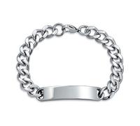 Bling Jewelry Identification Name Plated Curb Cuban Link Chain ID Bracelet For Men Personalized Name Engraved Silver Tone Stainless Steel 8 Inch