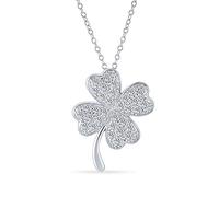 Bling Jewelry Irish Shamrock Lucky Charm Pave CZ Four Leaf Clover Pendant Necklace For Women For Teen .925 Sterling Silver