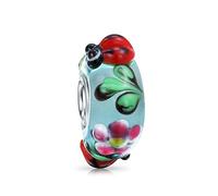 Bling Jewelry Ladybug Insect Flower Lamp work Murano Glass .925 Sterling Silver Core Spacer Bead Fits European Charm Bracelet For Women