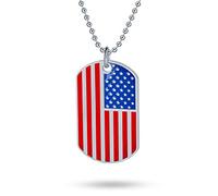 Bling Jewelry Large Engravable Red White Blue Stripe Holiday American USA Patriotic Flag Star Dog Tag Pendant Necklace For Men For Women Stainless Steel