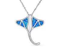 Bling Jewelry Large Nautical Ocean Blue Created Opal Inlay Stingray Pendant Necklace For Women .925 Sterling Silver