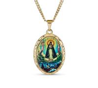 Bling Jewelry Large Oval Religious Medal Medallion Blessed Mother Virgin Mary Photo Pendant Necklace for Women Teen Yellow Gold Plated
