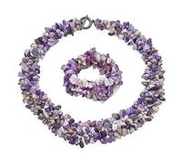 Bling Jewelry Large Wide Chunky Purple Amethyst Stone Chips Statement Bib Necklace For Women Collar Stretch Bracelet For Women Set 18 Inch