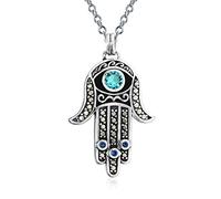 Bling Jewelry Large Yoga Cubic Zirconia Blue CZ Amulet Talisman Evil Eye Hamsa Hand Of God Star Of David Pendant Necklace For Women For Teen Black Oxidized .925 Sterling Silver