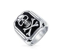 Bling Jewelry Men's Big Black Enamel Caribbean Pirate Skull & Cross Bones Rectangle Signet Ring For Men Teens Silver Tone Stainless Steel