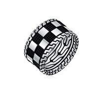 Bling Jewelry Men's Inside Out Design Two Tone Black Silver Geometric Check Board Squares Chess Ring Band For Men Heavy Solid .925 Silver Handmade In Turkey Wide 12MM