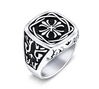 Bling Jewelry Personalize Large Statement Medieval Men's Religious Ancient Viking Maltase Fleur De Lis Cross Square Signet Band Ring for Men Oxidized Silver Tone Stainless Steel