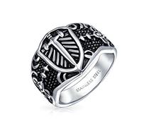 Bling Jewelry Men's Religious Viking Shield Maltase Fleur De Lis Cross Signet Band Ring For Men Oxidized Silver Tone Stainless Steel