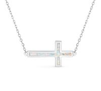 Bling Jewelry Minimalist Simple Created White Opal Inlay Horizontal Sideways Cross Necklace Station Pendant For Women Teens .925 Sterling Silver