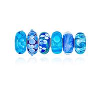 Bling Jewelry Mixed Set Of 6 Bundle .925 Sterling Silver Core Translucent Shades Of Blue Murano Glass Swirl Flower Charm Bead Spacer Fits European Bracelet For Women Teen