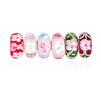Bling Jewelry Mixed Set Of 6 Bundle .925 Sterling Silver Core Translucent Shades Of Red Pink Flower Rose Floral Murano Glass Charm Bead Spacer Fits European Bracelet For Women Teen