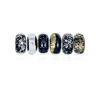 Bling Jewelry Mixed Set Of 6 Bundle .925 Sterling Silver Core Translucent Shades Of White Black Spray Specs Gold and Silver Foil Murano Glass Charm Bead Spacer Fits European Bracelet For Women Teen
