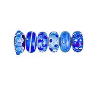 Bling Jewelry Mixed Set Of Bundle .925 Sterling Silver Core Translucent Shades Of Blue Murano Glass Swirl Lamp work 3DFlower Charm Bead Spacer Fits European Bracelet For Women Teen