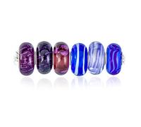 Mixed Set Of Bundle .925 Sterling Silver Core Translucent Shades Of Blue Murano Glass Swirl Flower Charm Bead Spacer Fits European Bracelet For Women Teen