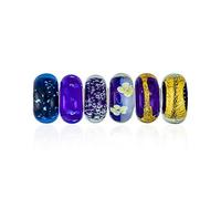 Bling Jewelry Mixed Set Of Bundle .925 Sterling Silver Core Translucent Shades Of Dark Blue Navy Gold Foil Murano Glass Swirl Charm Bead Spacer Fits European Bracelet For Women Teen