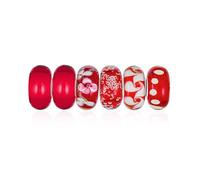Bling Jewelry Mixed Set Of Bundle .925 Sterling Silver Core Translucent Shades Of Red White Stripe Floral Murano Glass Swirl Charm Bead Spacer Fits European Bracelet For Women Teen