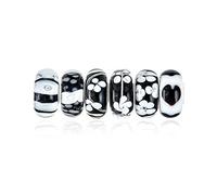 Bling Jewelry Mixed Set Of Bundle .925 Sterling Silver Core Translucent Shades Of White Black Floral Murano Glass Swirl Charm Bead Spacer Fits European Bracelet For Women Teen