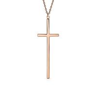 Bling Jewelry Modern Elongated Simple Basic Long Flat Thin Delicate Religious Latin Cross Pendant Necklace For Women Teen Rose Gold Plated .925 Sterling Silver