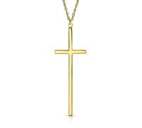 Bling Jewelry Modern Elongated Simple Basic Long Flat Thin Delicate Religious Latin Cross Pendant Necklace For Women Teen Gold Plated .925 Sterling Silver